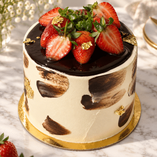 Ara bento cake topped with chocolate ganache and fresh strawberries