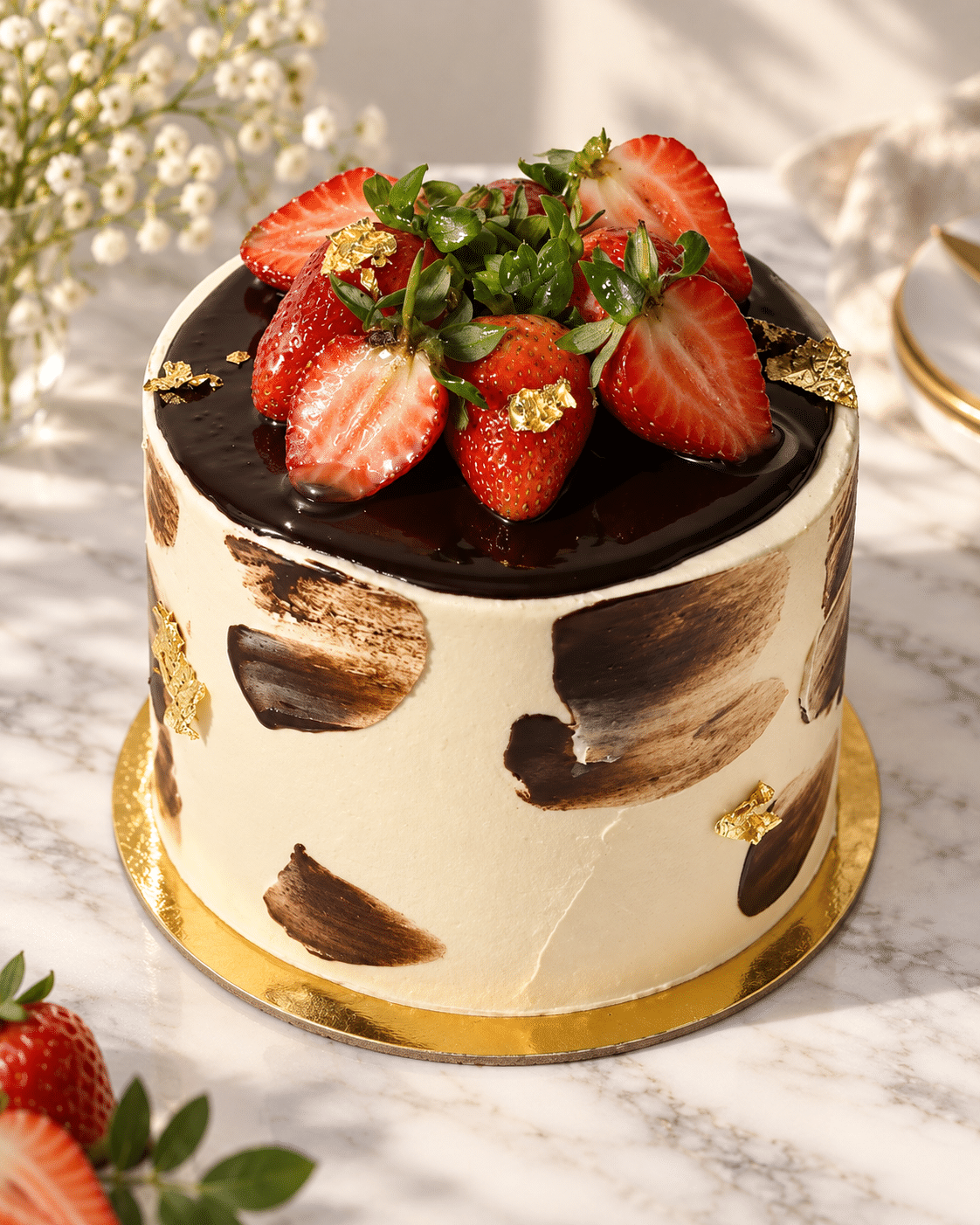 Ara bento cake topped with chocolate ganache and fresh strawberries