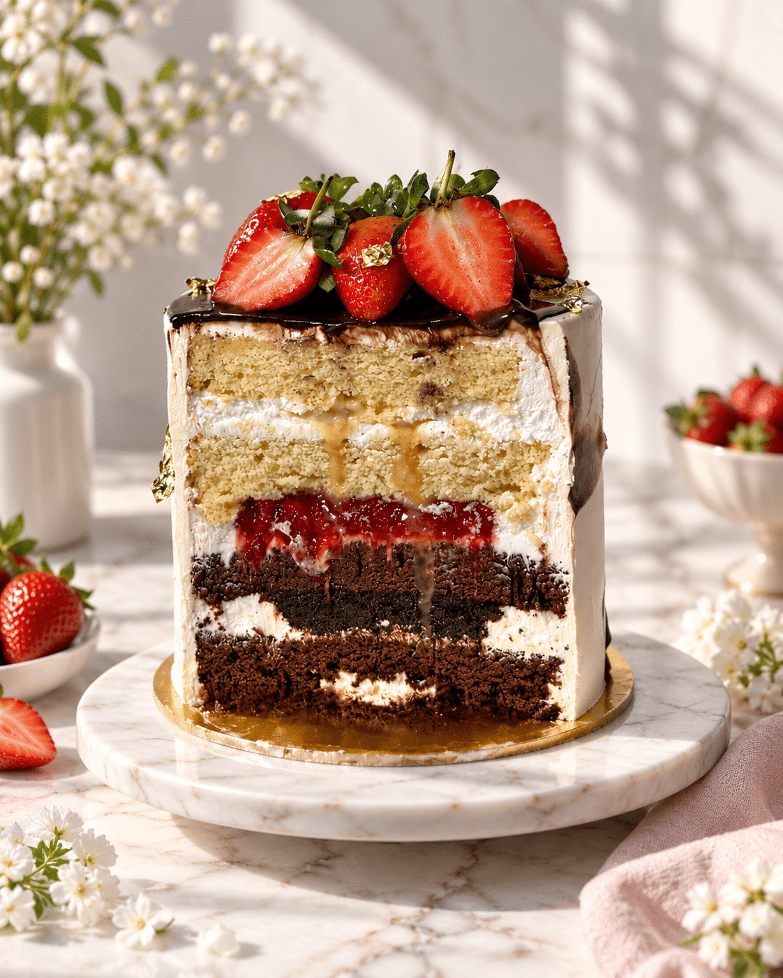 Cutaway of Ara bento cake with vanilla, chocolate fudge, strawberry jam and caramel layers