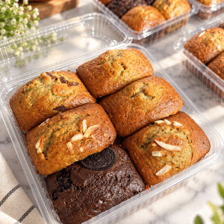 Six mini banana bread loaves in assorted flavours, including chocolate and nut-topped loaves