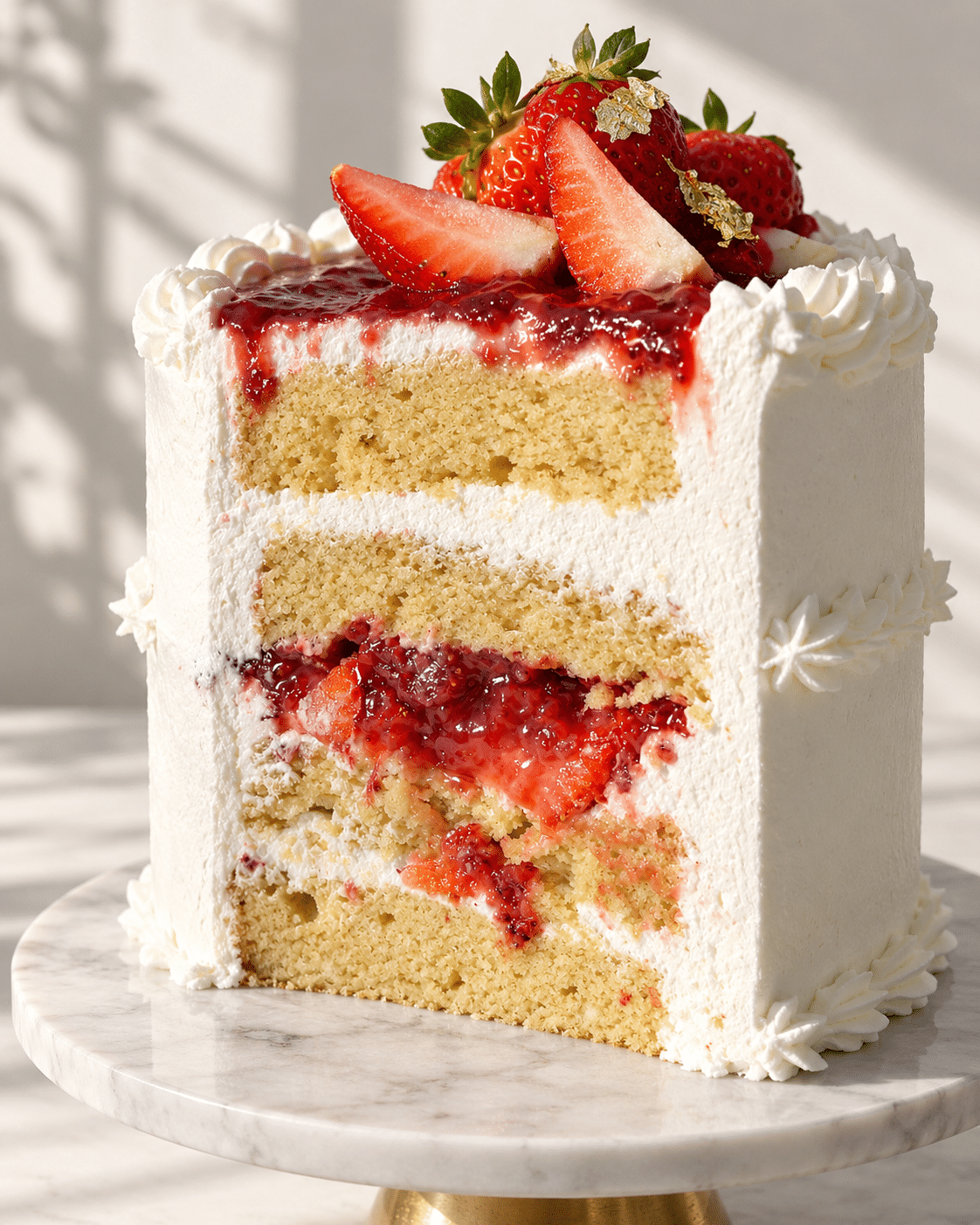 Cutaway of Bere Vanilla Strawberry bento cake with strawberry jam and whipped cream