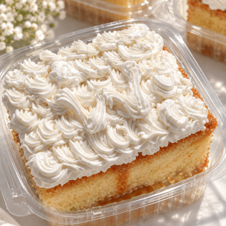 Caramel milk cake in a dessert box with soft vanilla sponge and thick whipped cream