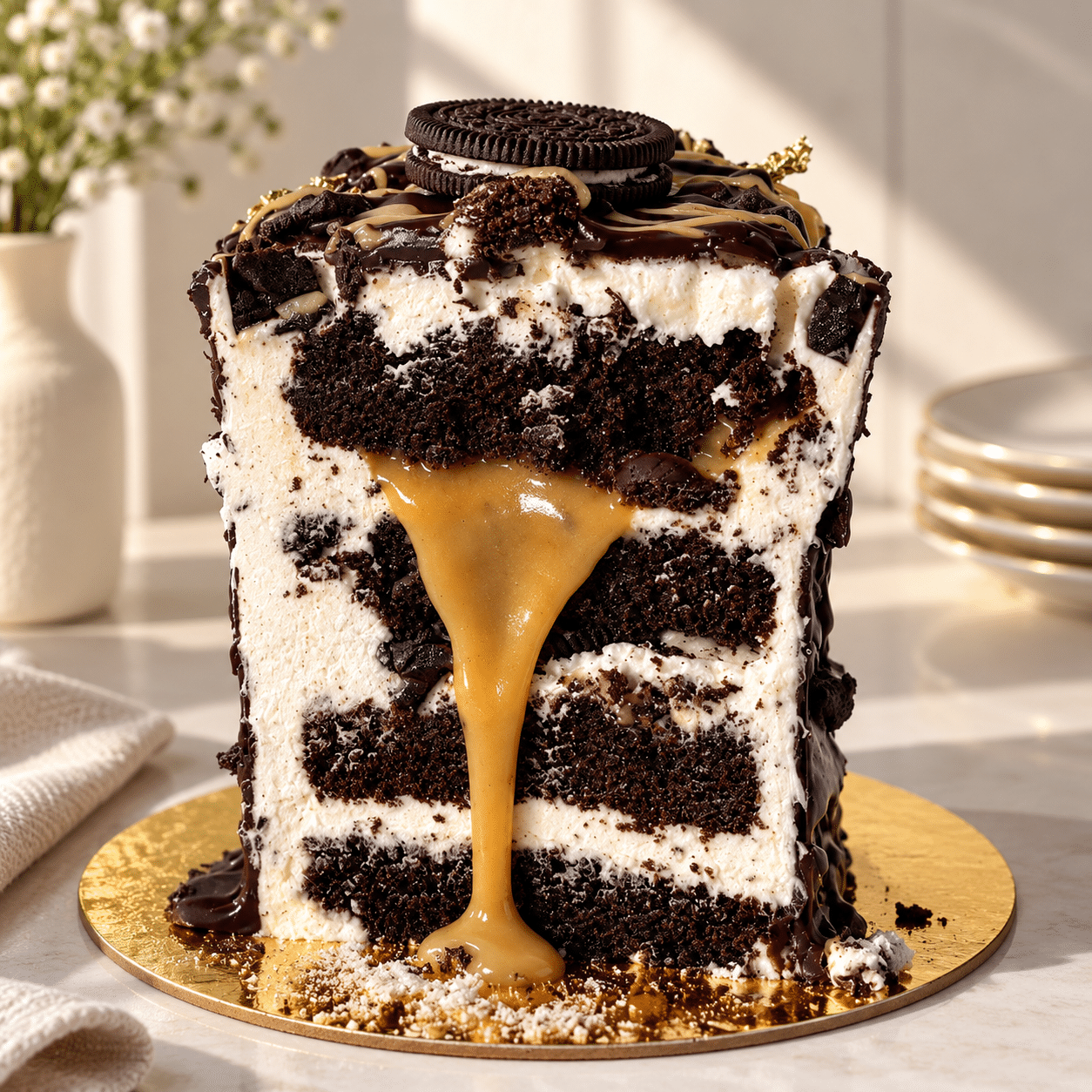 Cutaway of Bere Chocolate Caramel bento cake with caramel filling and Oreo crumble